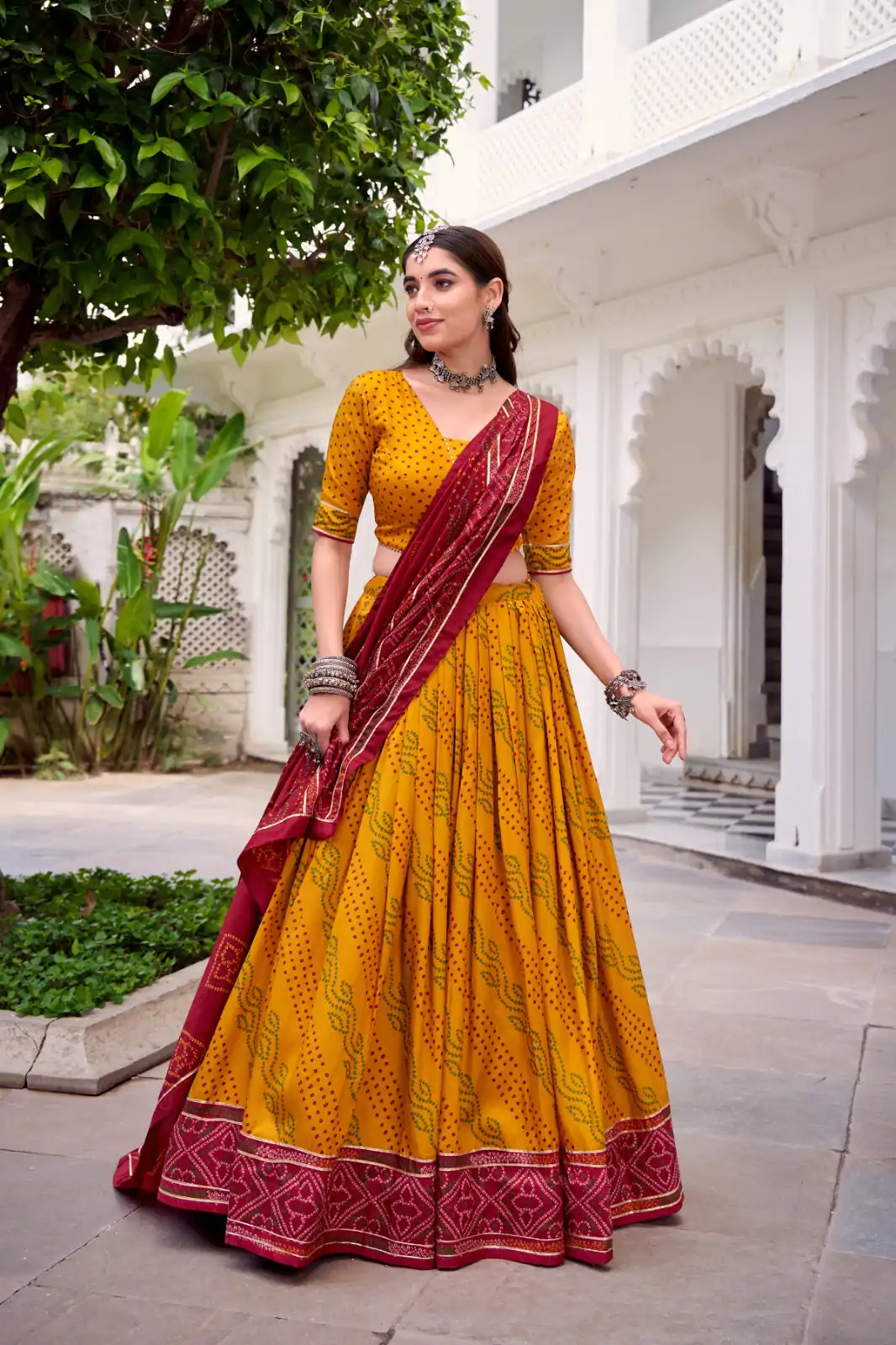 Yellow Tasar Silk Bandhej Print Lehenga Choli
