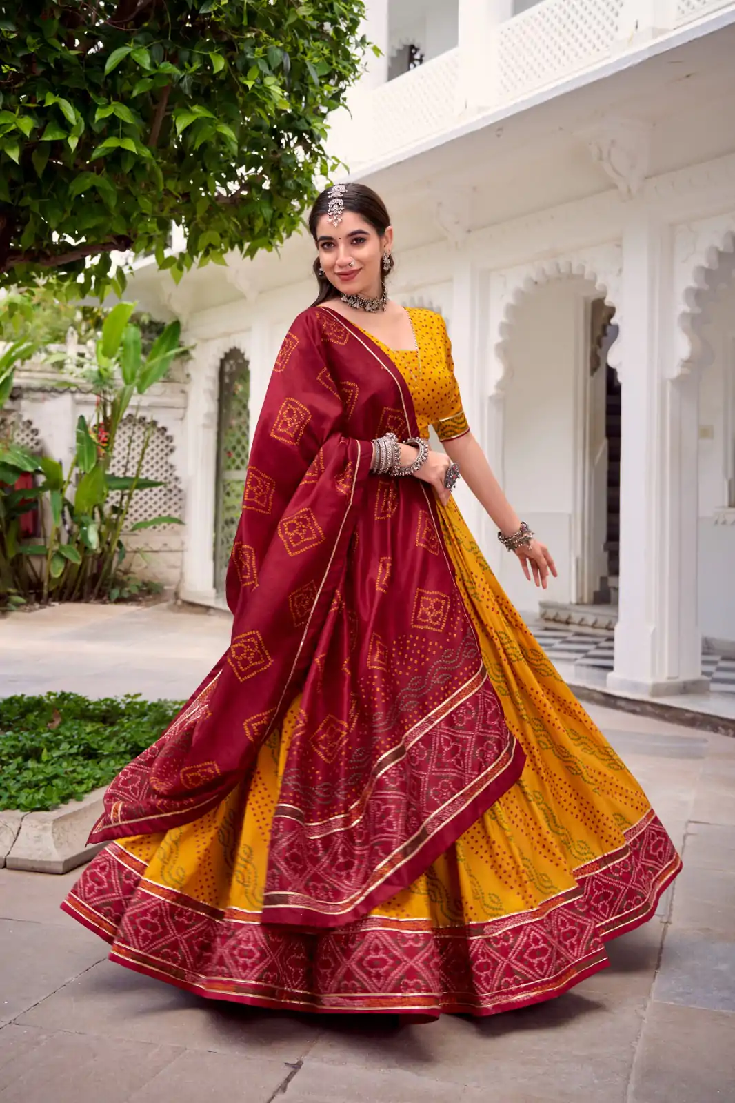 Yellow Tasar Silk Bandhej Print Lehenga Choli - Image 3