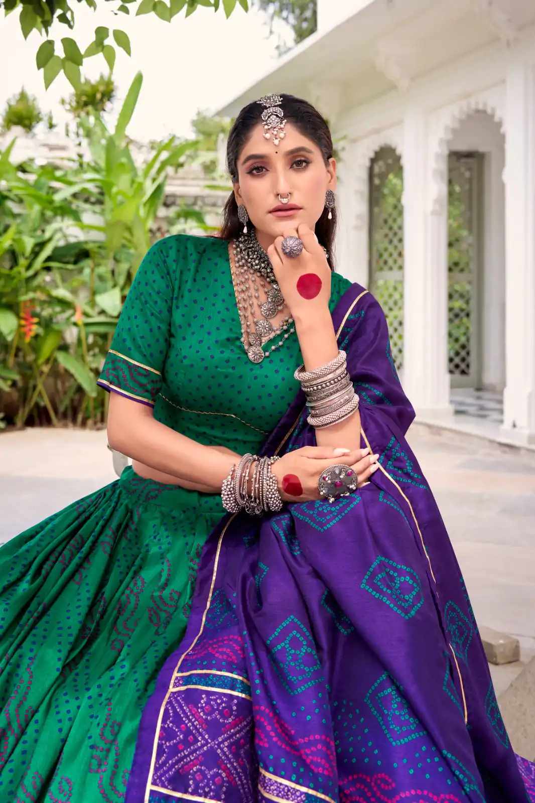 Green Tasar Silk Bandhej Print Lehenga Choli - Image 4