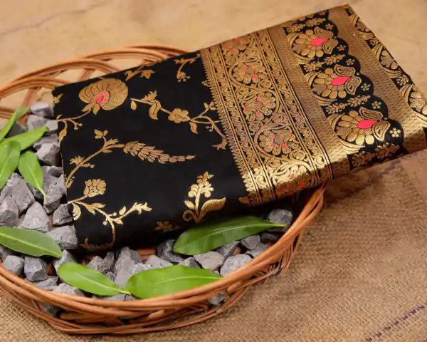 Black Banarsari Silk With Lace Border Saree