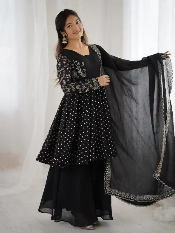 Black Crunchy Silk Embroidery Work Salwar Suit