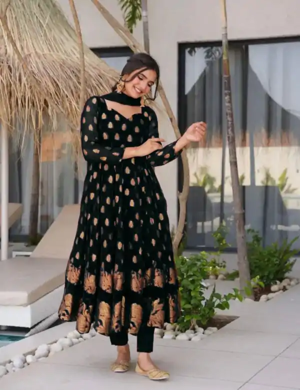 Black Faux Georgette Embroidery Work Gown