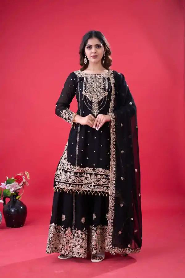 Black Faux Georgette With Lace Work Salwar Suit