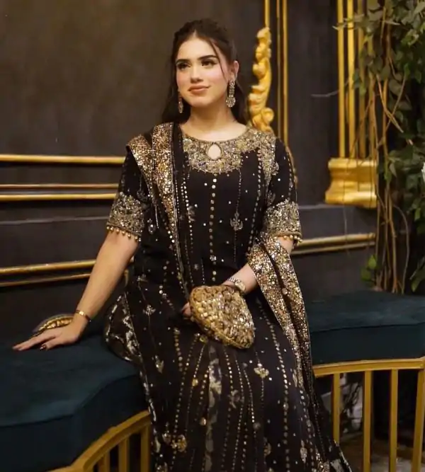 Black Foux Gorgette Lace Work Salwar Suit
