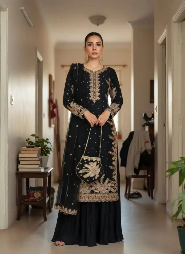 Black Fuax Georgette Embroidery Salwar Suit