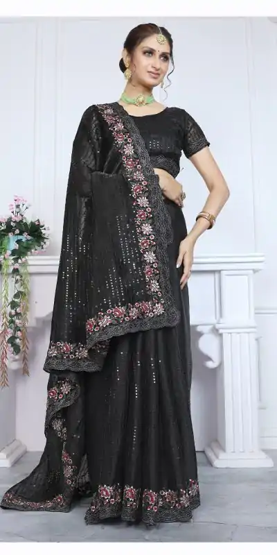 BT Sarangi Black Premium Jimmy cho Silk Saree with Embroidery Work & Zari Work. Exclusive Offer ₹2899. Delivery 4-6 Working Days. Shop now. | Designer Sarees, Embroidered Sarees, Sarees, Bollywood Sarees, Creative Sarees, Ethnic Saree, Modern Digital sarees, Party Wear Sarees