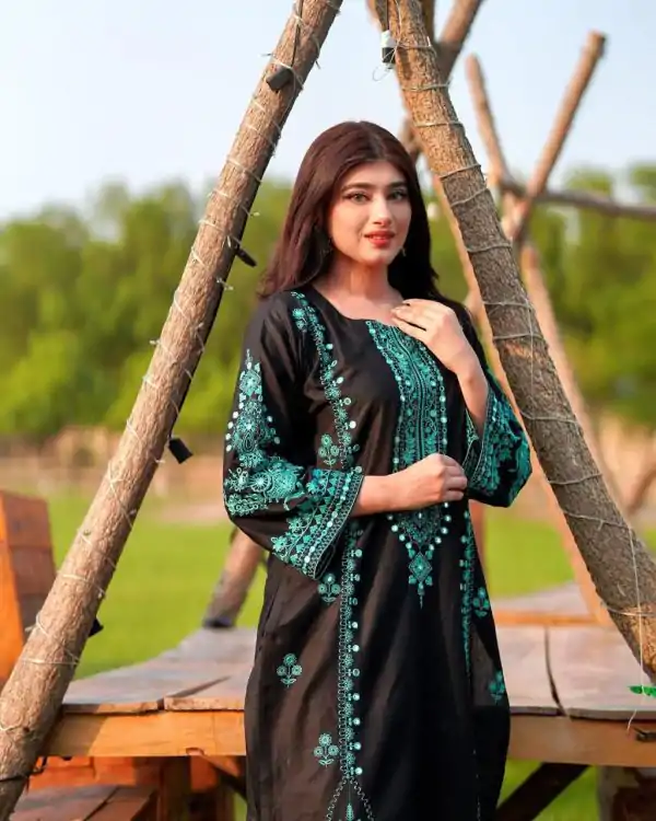 Black Roman Silk Mirror Work Embroidery Salwar Suit