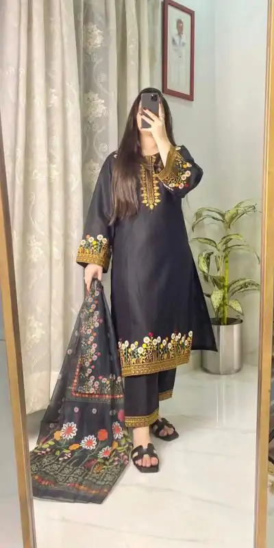 Black Roman Silk With Embroidery Salwar Suit