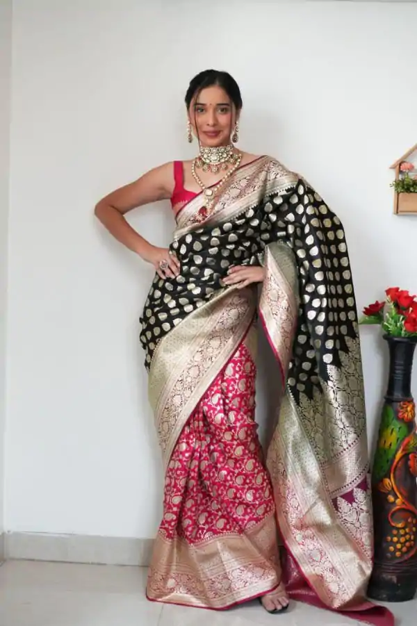 Black Soft Cotton Silk Golden Waving Saree  