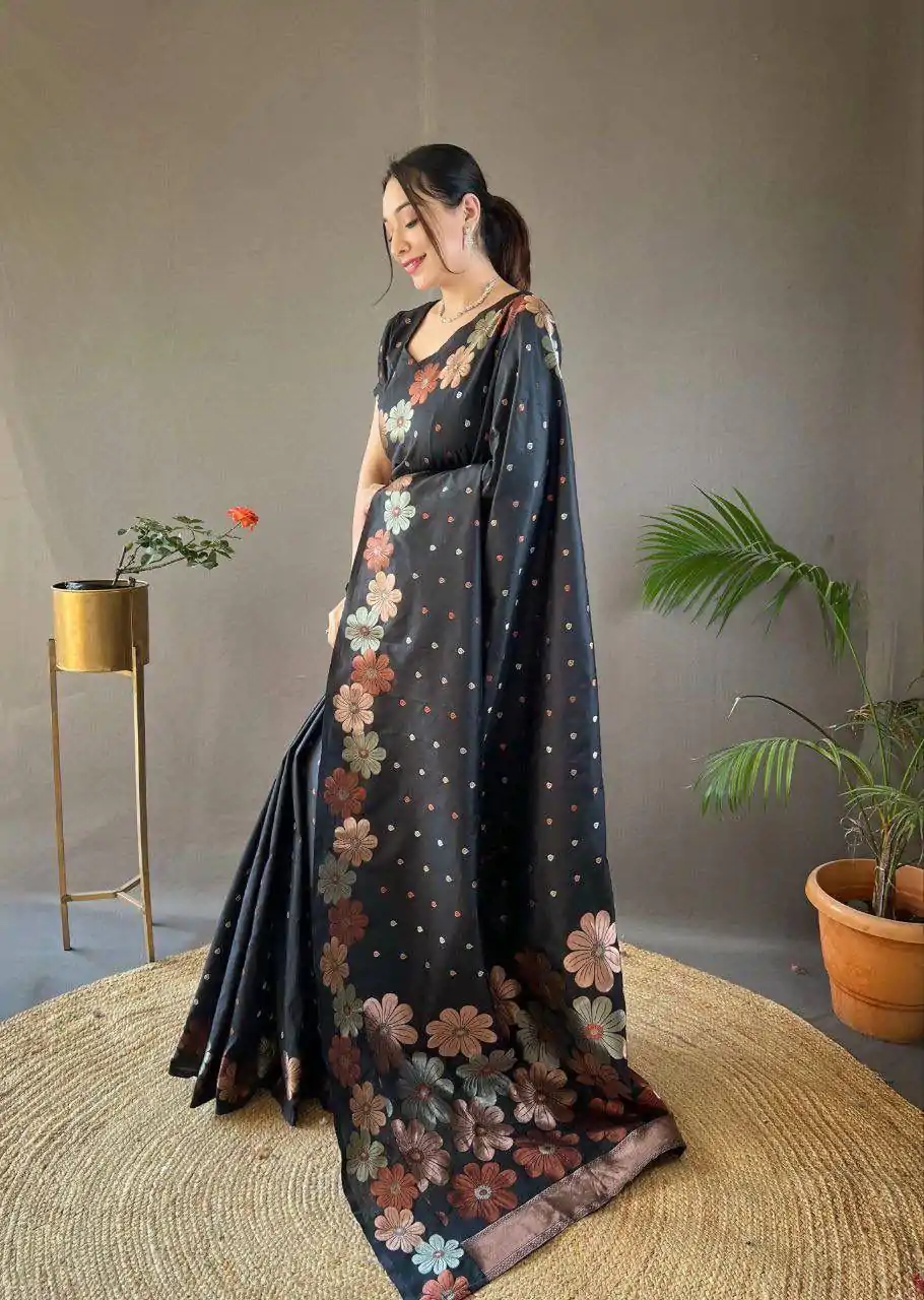 Black Soft Lichi Silk Cloth With Lace Saree
