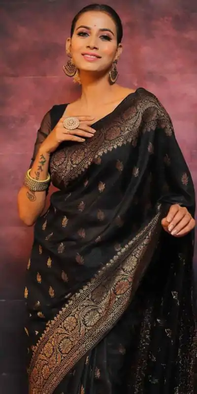 KP 6010 Black Soft Lichi Silk Jacquard Saree Perfect for Wedding, Party, Traditional Day, Family Gatherings, Sangeet . Grab it for ₹1349. Delivery 4-6 W | Designer Sarees, Embroidered Sarees, Sarees, Bollywood Sarees, Creative Sarees, Ethnic Saree, Modern Digital sarees, Party Wear Sarees
