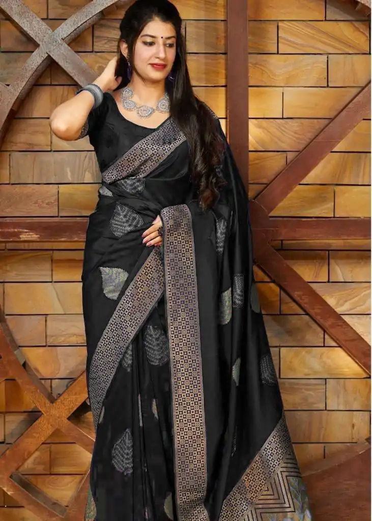 Black Soft Lichi Silk Saree - Image 3