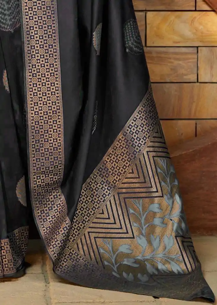 Black Soft Lichi Silk Saree - Image 2