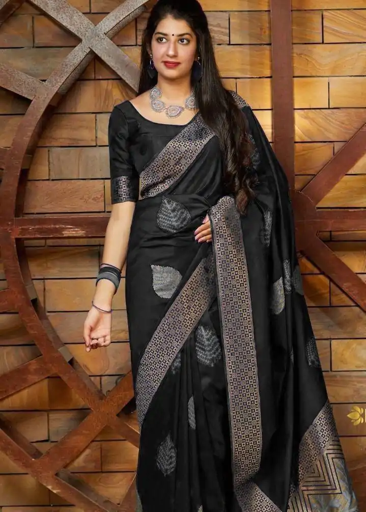Black Soft Lichi Silk Saree