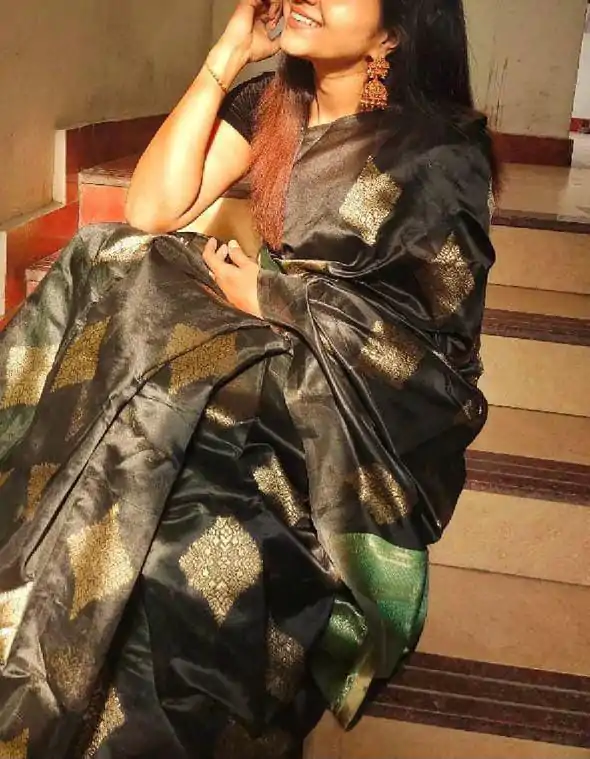 Black Soft Lichi Silk With Lace Border Saree