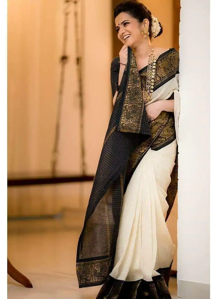 KP 3025 Black Soft Lichi Silk Saree Perfect for Wedding, Party, Baby Shower, Onam, Durga Puja . Available at ₹1449 only. Delivery 4-6 Working Days. | Designer Sarees, Embroidered Sarees, Sarees, Bollywood Sarees, Creative Sarees, Ethnic Saree, Modern Digital sarees, Party Wear Sarees