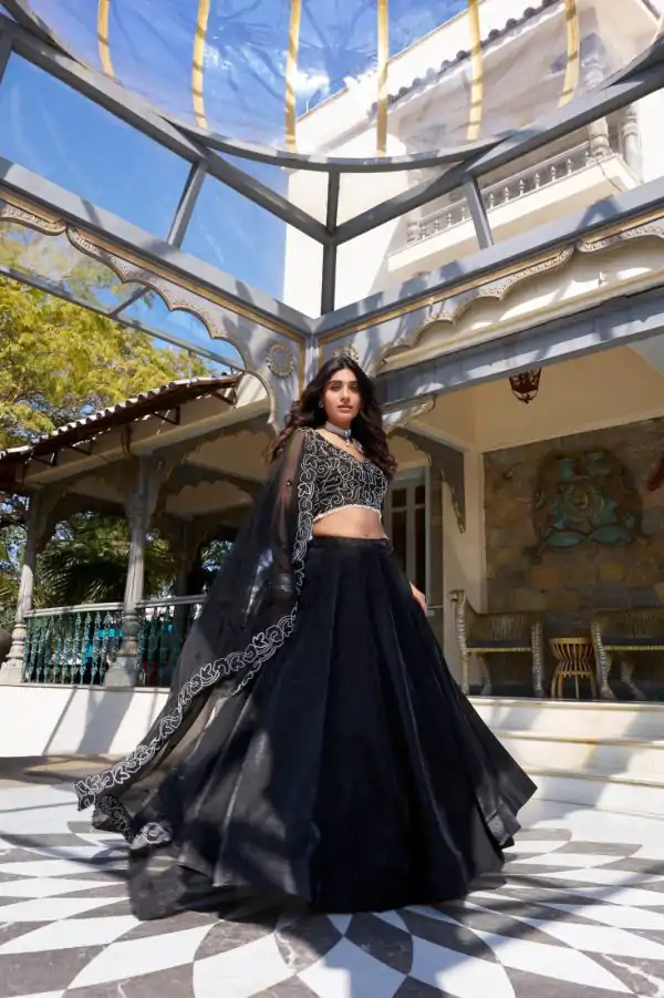 Black Star Satin Embroidery Work Lehenga Choli