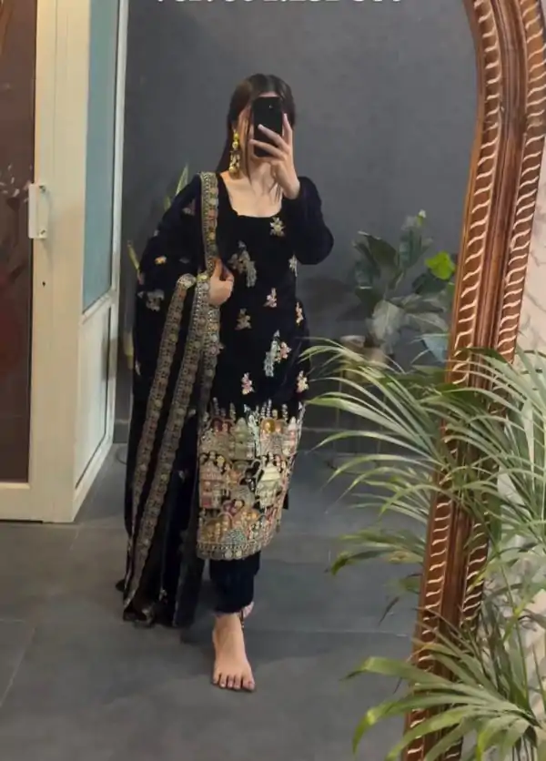 Black Viscose Velvet Embroidery Work Salwar Suit