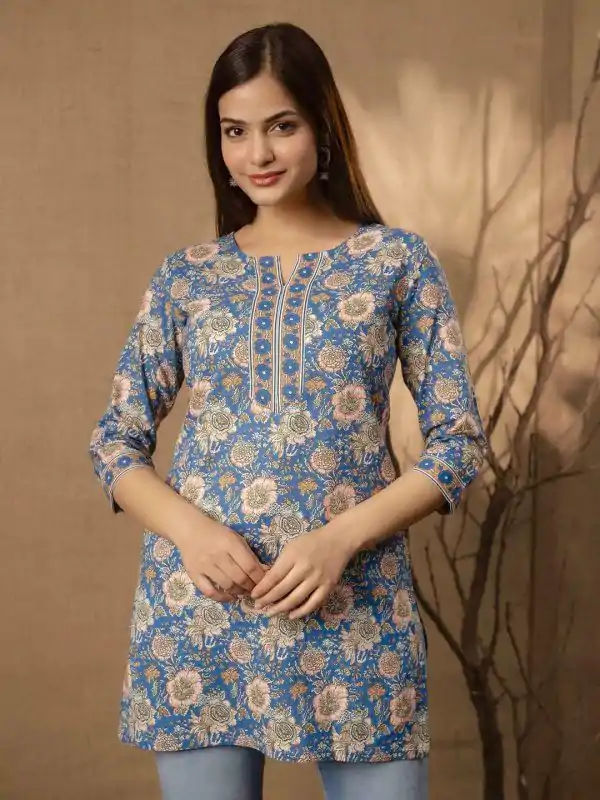 Blue Cotton Printed Kurti
