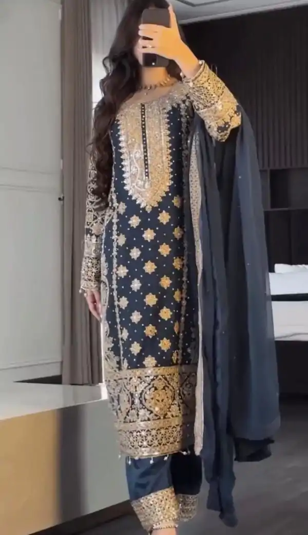 Blue Faux Georgette Embroidery Salwar Suit