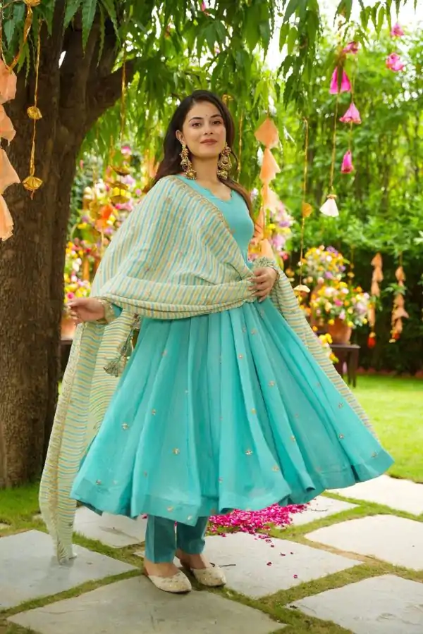 Blue Faux Georgette With Embroidery Work Gown