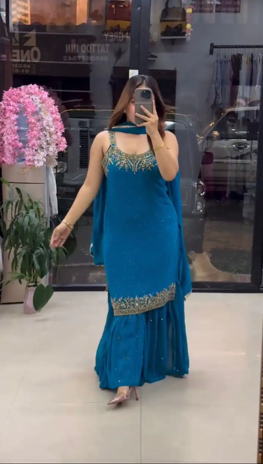 Blue Faux Georgette With Lace Work Salwar Suit