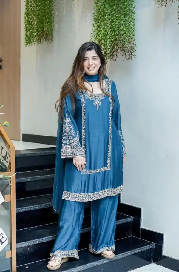 Blue German Chiffon With Embroidery Work Slawar Suit