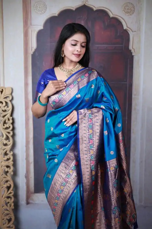 Blue Paithani Ajanta Lotus With Lace Work Saree