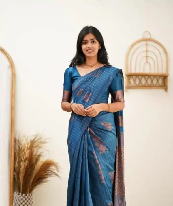 Blue Soft Lichi Silk With Lace Work Saree
