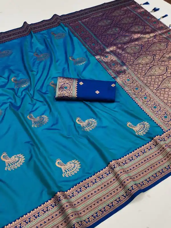 Blue Soft Silk Zari Lace Work Saree