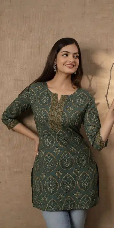 Bottle Green Cotton Printed Kurti