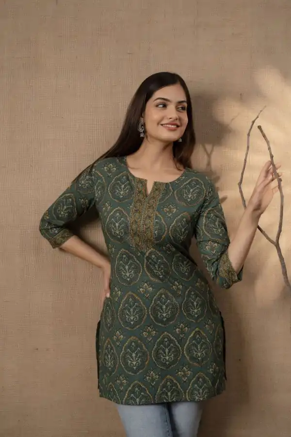 Bottle Green Cotton Printed Kurti