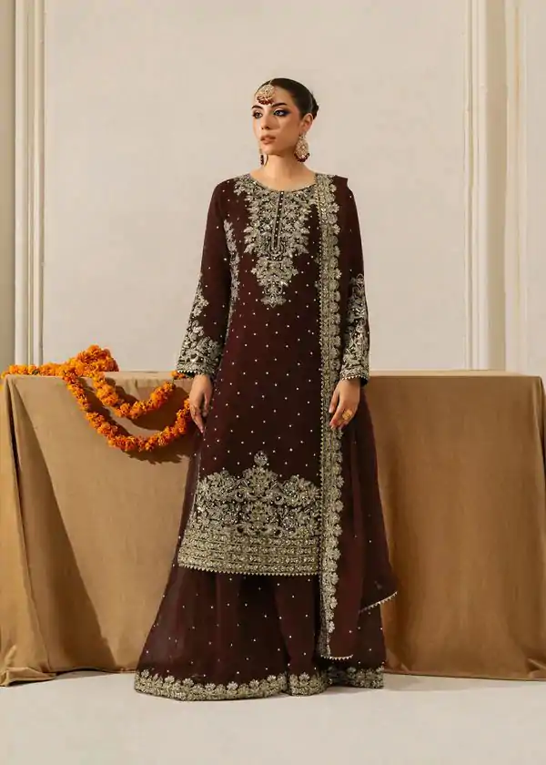 Brown Faux Georgette Lace Work Salwar Suit
