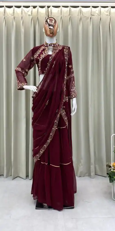 BE 280 Brown Georgette Lehenga Saree Perfect for Wedding, Party, Cultural Events, Housewarming, Ganesh Chaturthi . Affordable Price ₹2399. Delivery 4- | Lehenga, Bollywood Lehenga, Creative Lehenga, Designer Lehenga, Embroidered Lehenga, Party Wear Lehenga