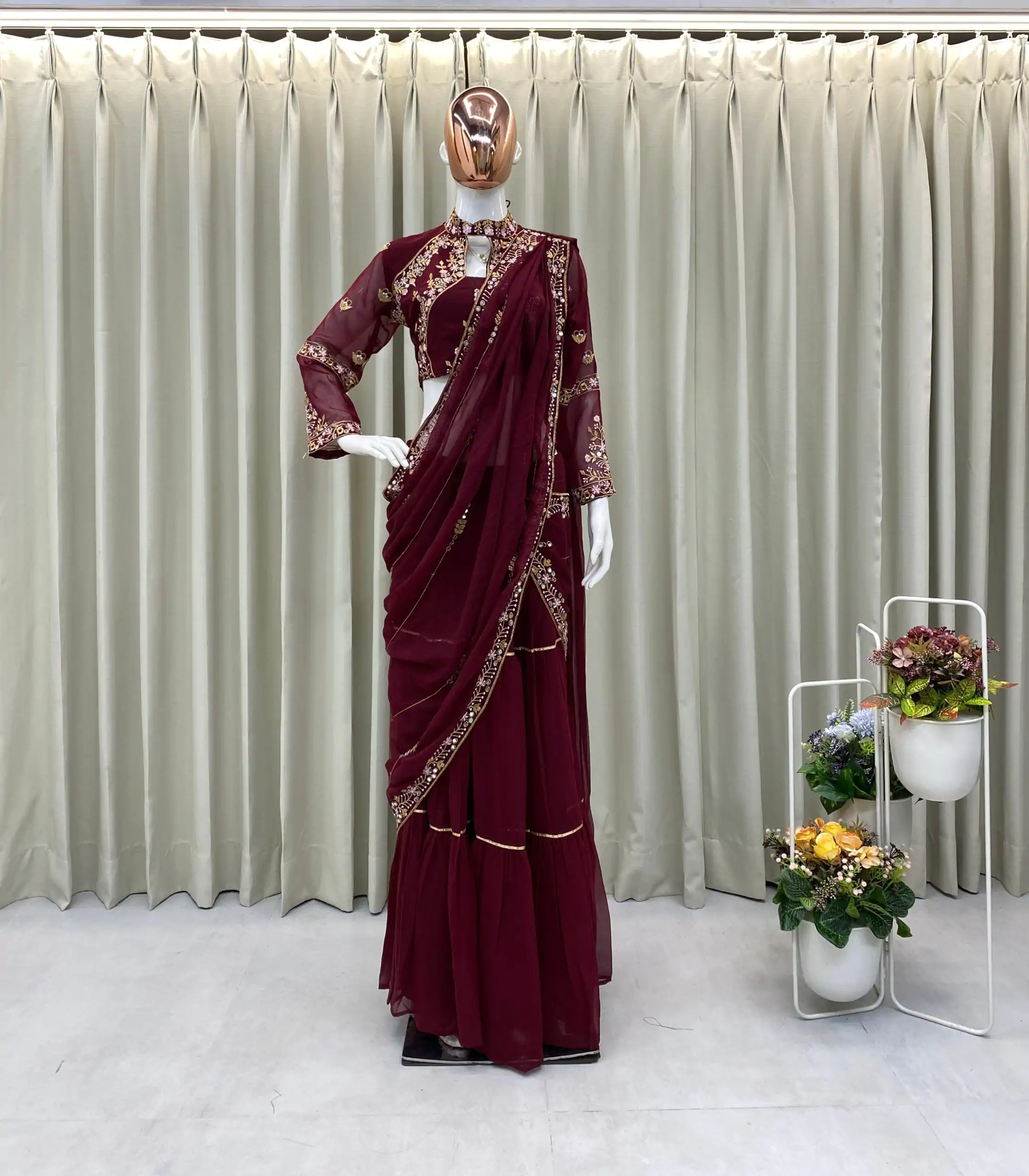 BE 280 Brown Georgette Lehenga Saree Perfect for Wedding, Party, Cultural Events, Housewarming, Ganesh Chaturthi . Affordable Price ₹2399. Delivery 4- | Lehenga, Bollywood Lehenga, Creative Lehenga, Designer Lehenga, Embroidered Lehenga, Party Wear Lehenga