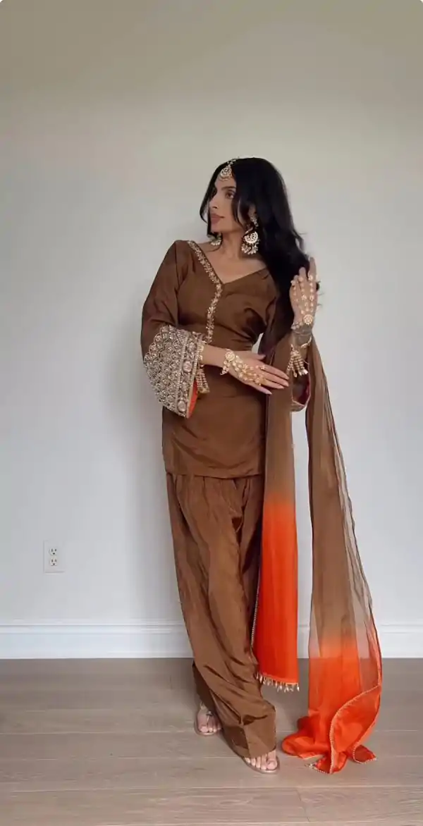 Brown Natural Satin Silk Sequence Work Slawar Suit