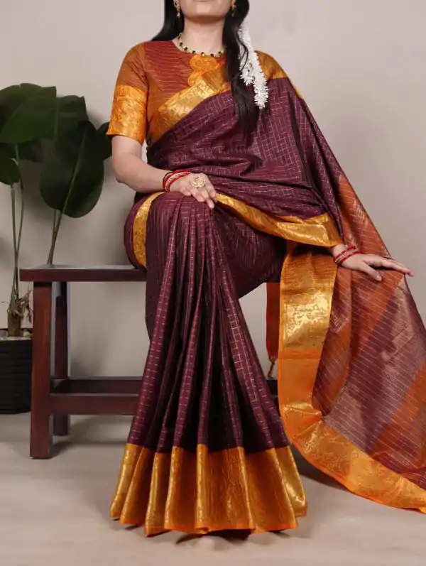 Brown Poly Cotton With Zari Work Saree