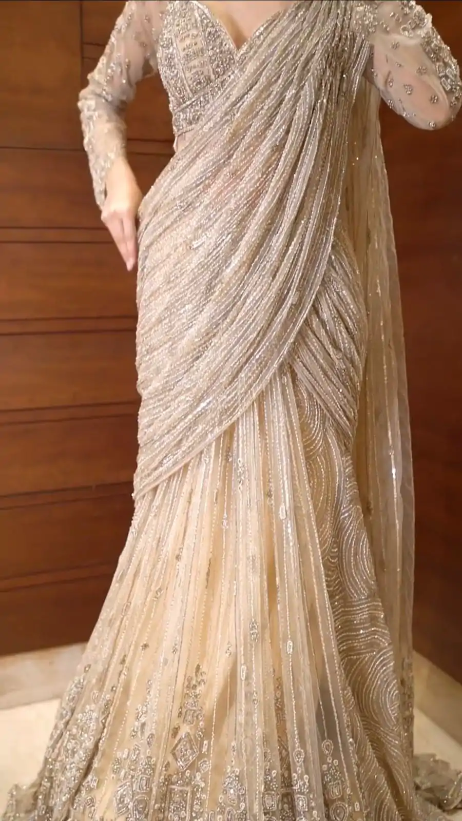 Cream Butterfly Net Embroidery Work Saree - Image 5