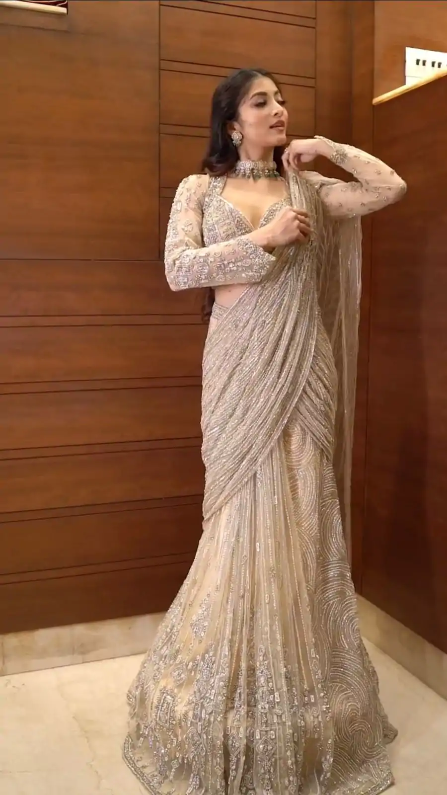 Cream Butterfly Net Embroidery Work Saree - Image 4