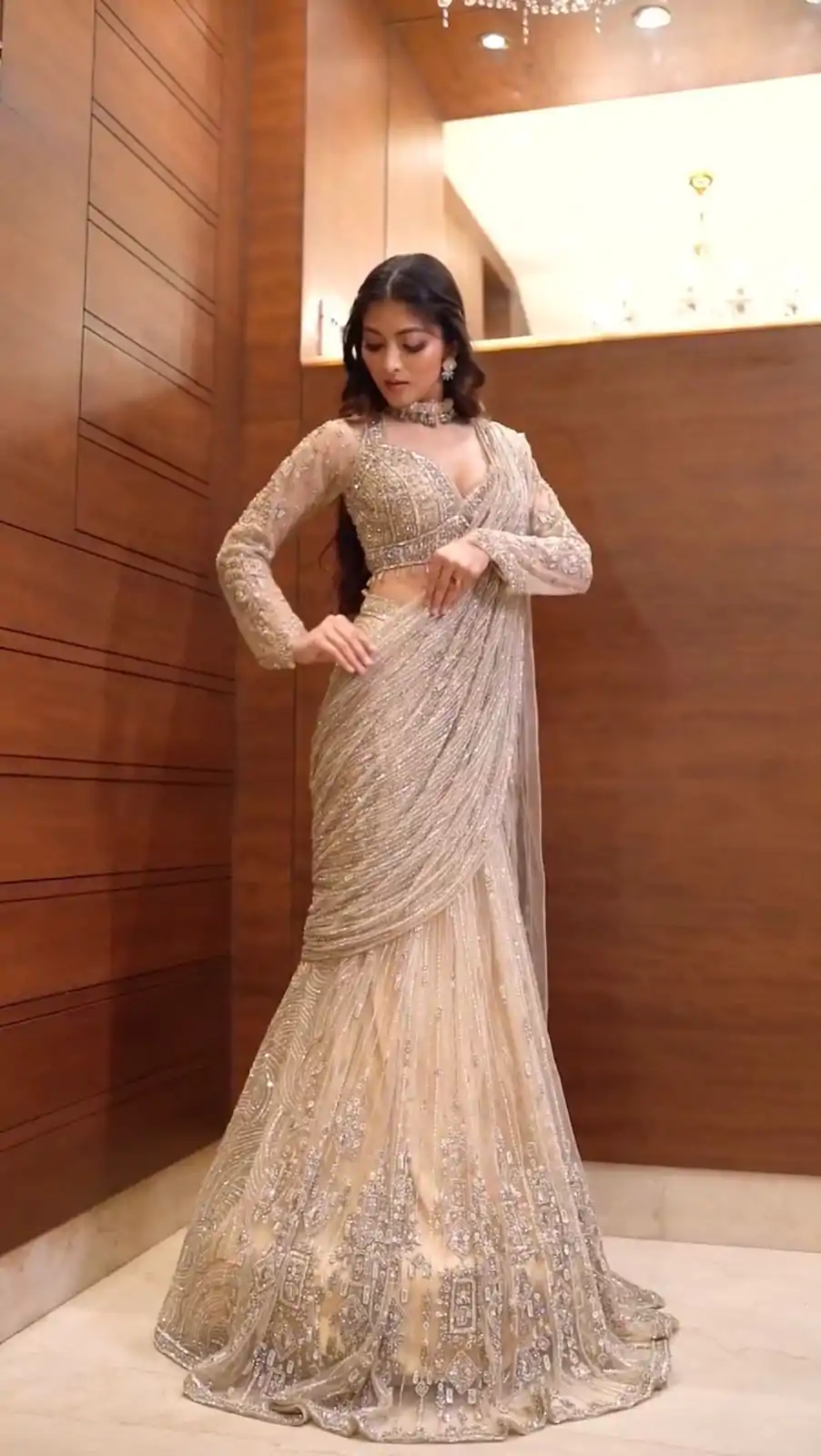 Cream Butterfly Net Embroidery Work Saree - Image 3