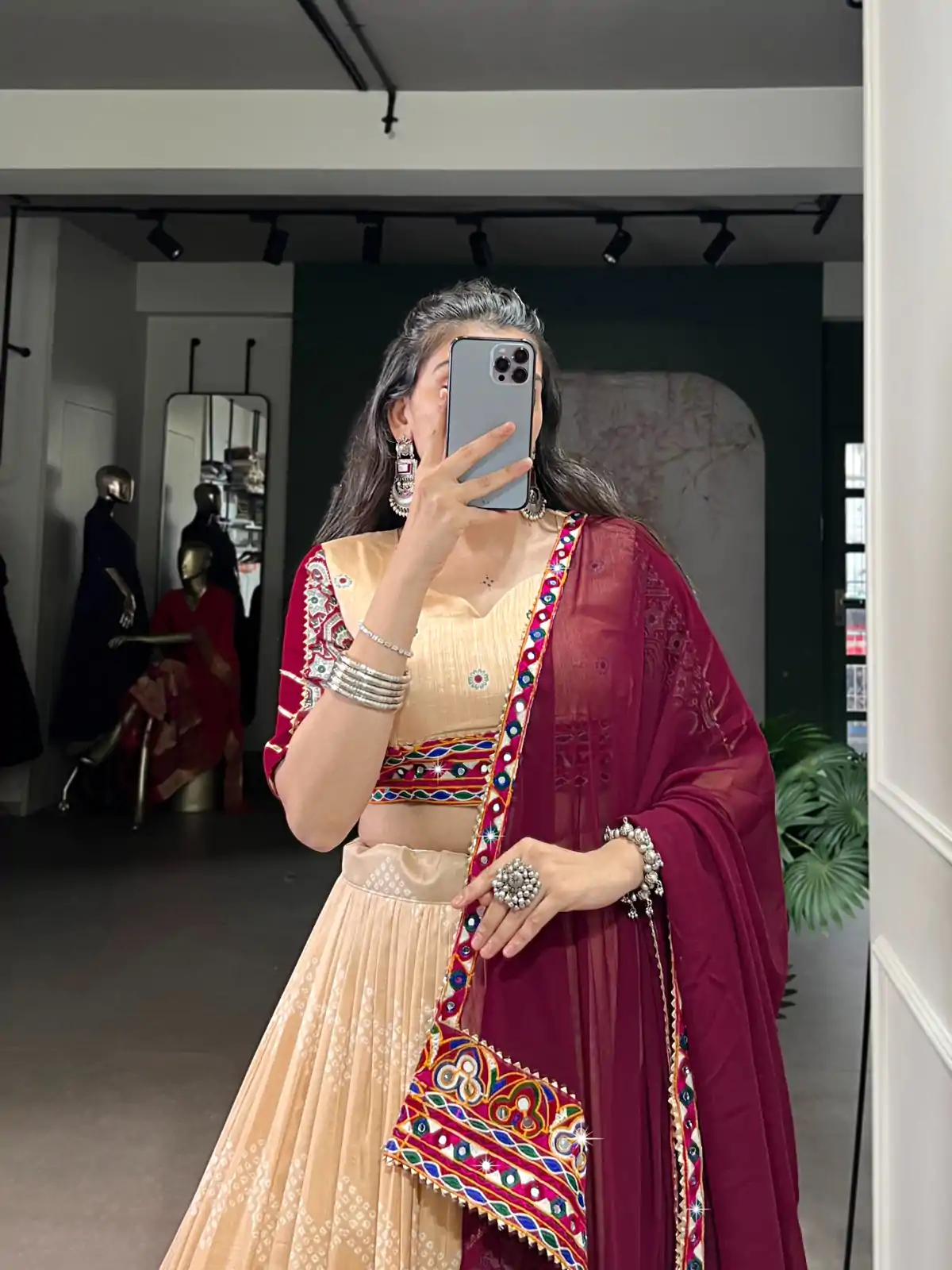 Cream Tasar Silk Gamthi Work Lehenga Choli - Image 3