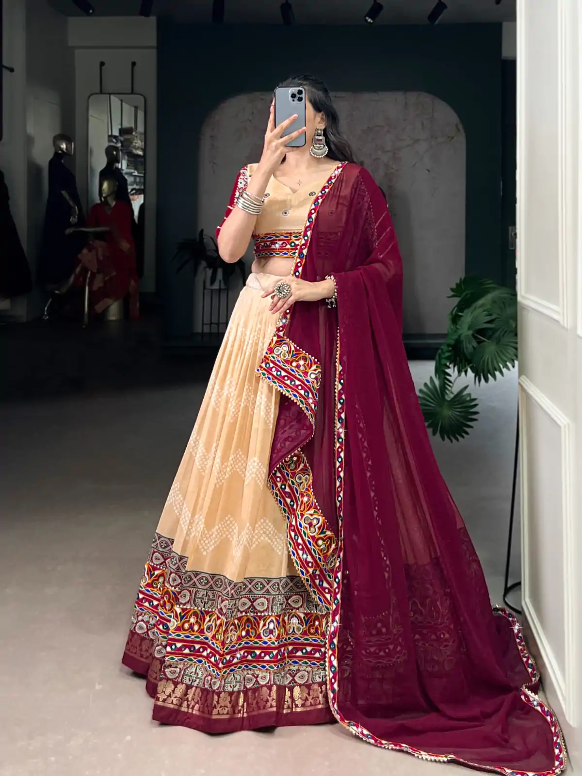 Cream Tasar Silk Gamthi Work Lehenga Choli - Image 2