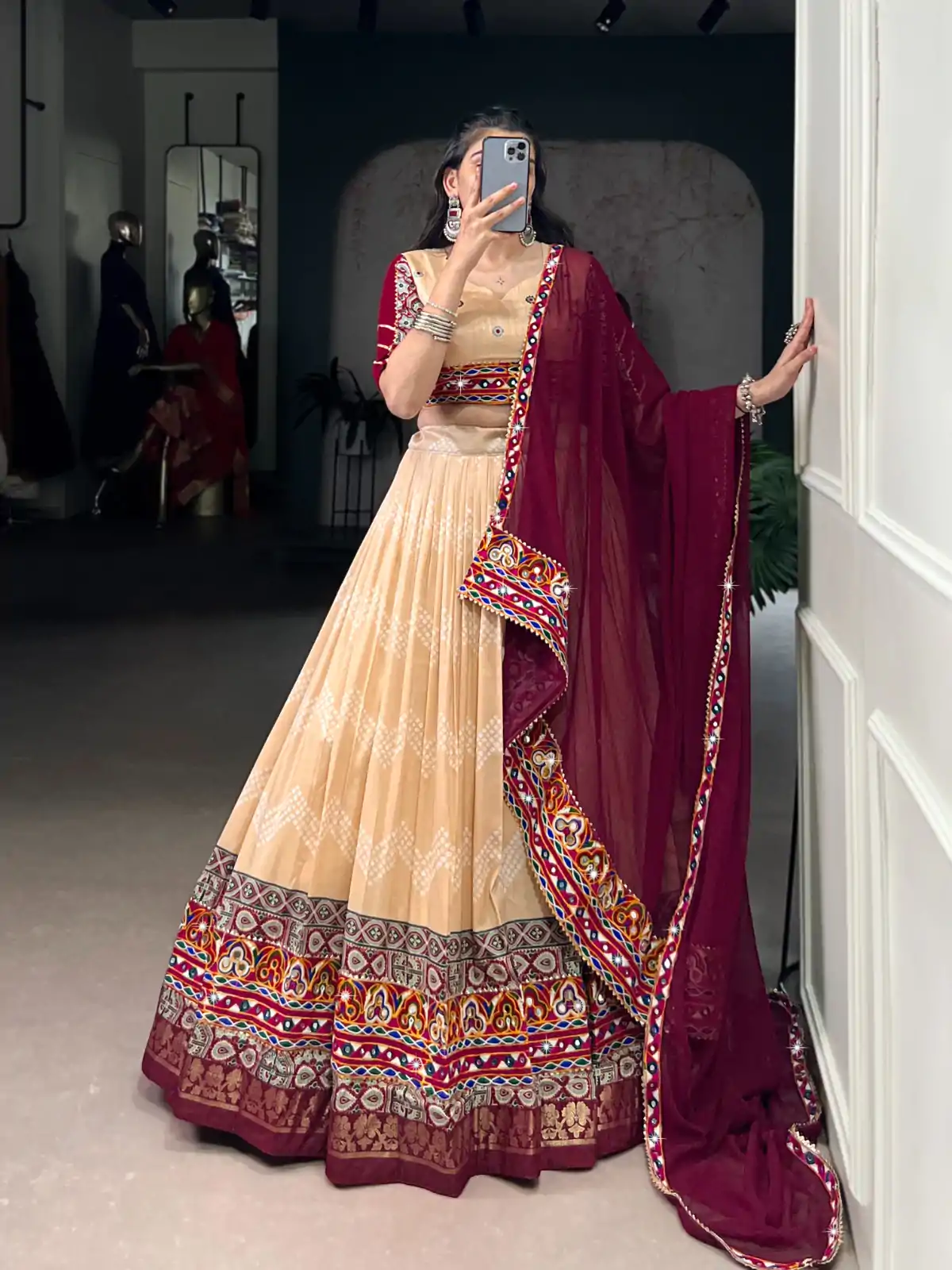 Cream Tasar Silk Gamthi Work Lehenga Choli