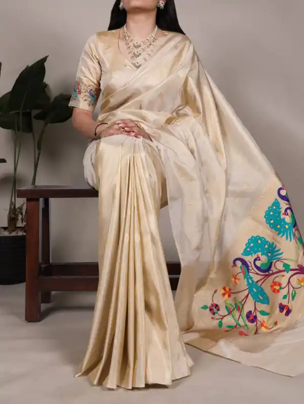 Cream Tissue Paithani With Zari Work Saree