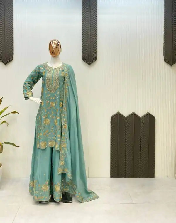 Firozi Chinon With Lace Embroidery Work Salwar Suit