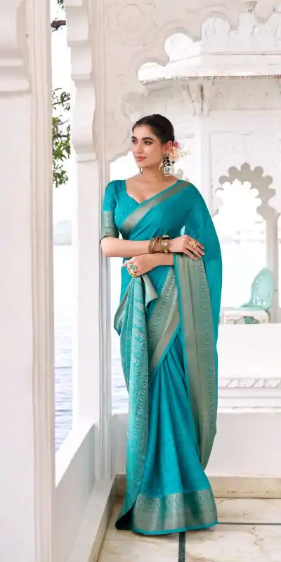 YNF 7902 Firozi Color Chinon Printed With Zari Weaving Work Saree With Zari Work. Best Price ₹1549. Delivery 4-6 Working Days. Shop now. | Designer Sarees, Embroidered Sarees, Sarees, Bollywood Sarees, Creative Sarees, Ethnic Saree, Modern Digital sarees, Party Wear Sarees