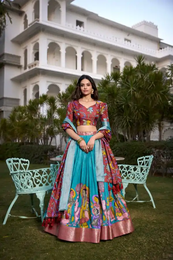 LNB 1231 Firozi Dola Silk Jacquard Silk Kalamkari Print & Zari Work Lehenga Choli in Best Price ₹1899. Delivery 4-6 Working Days. Shop now. | Lehenga, Bollywood Lehenga, Creative Lehenga, Designer Lehenga, Embroidered Lehenga, Party Wear Lehenga