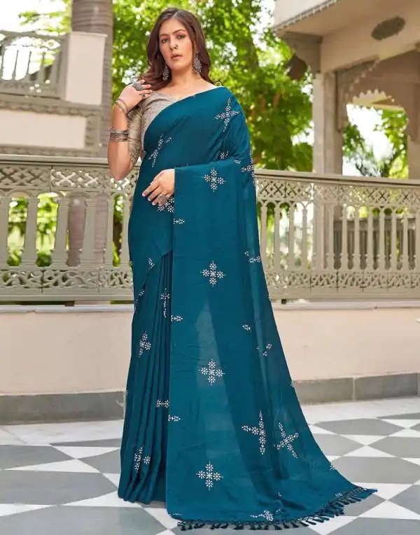 Firozi Natural Silk With Thread Embroidery Saree