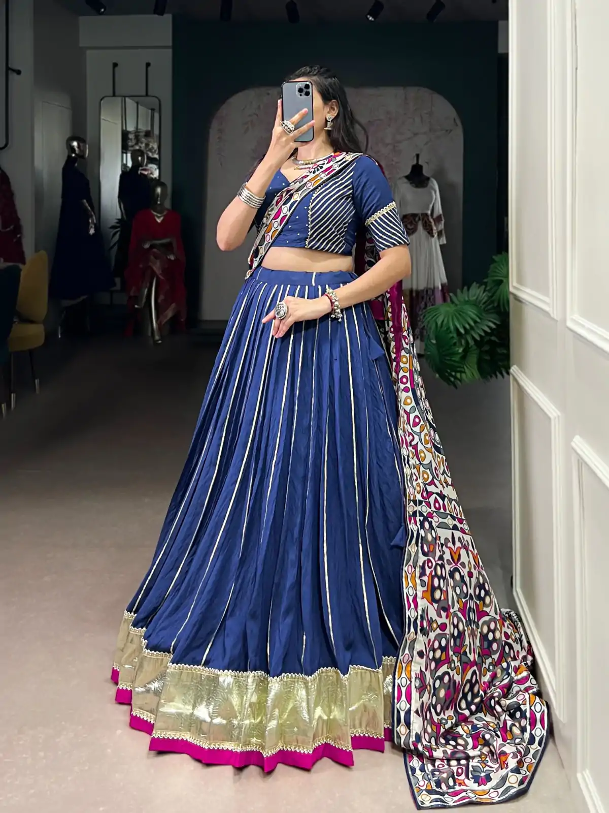 Firozi Pure Chanderi Zari Work Gotta Patti Lehenga Choli - Image 2