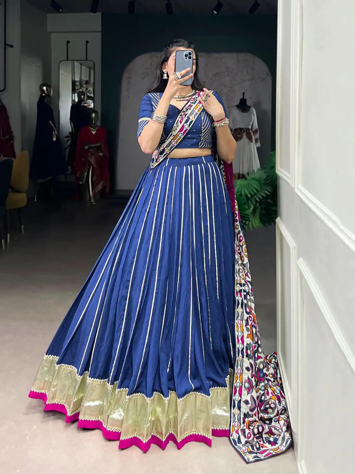 Firozi Pure Chanderi Zari Work Gotta Patti Lehenga Choli